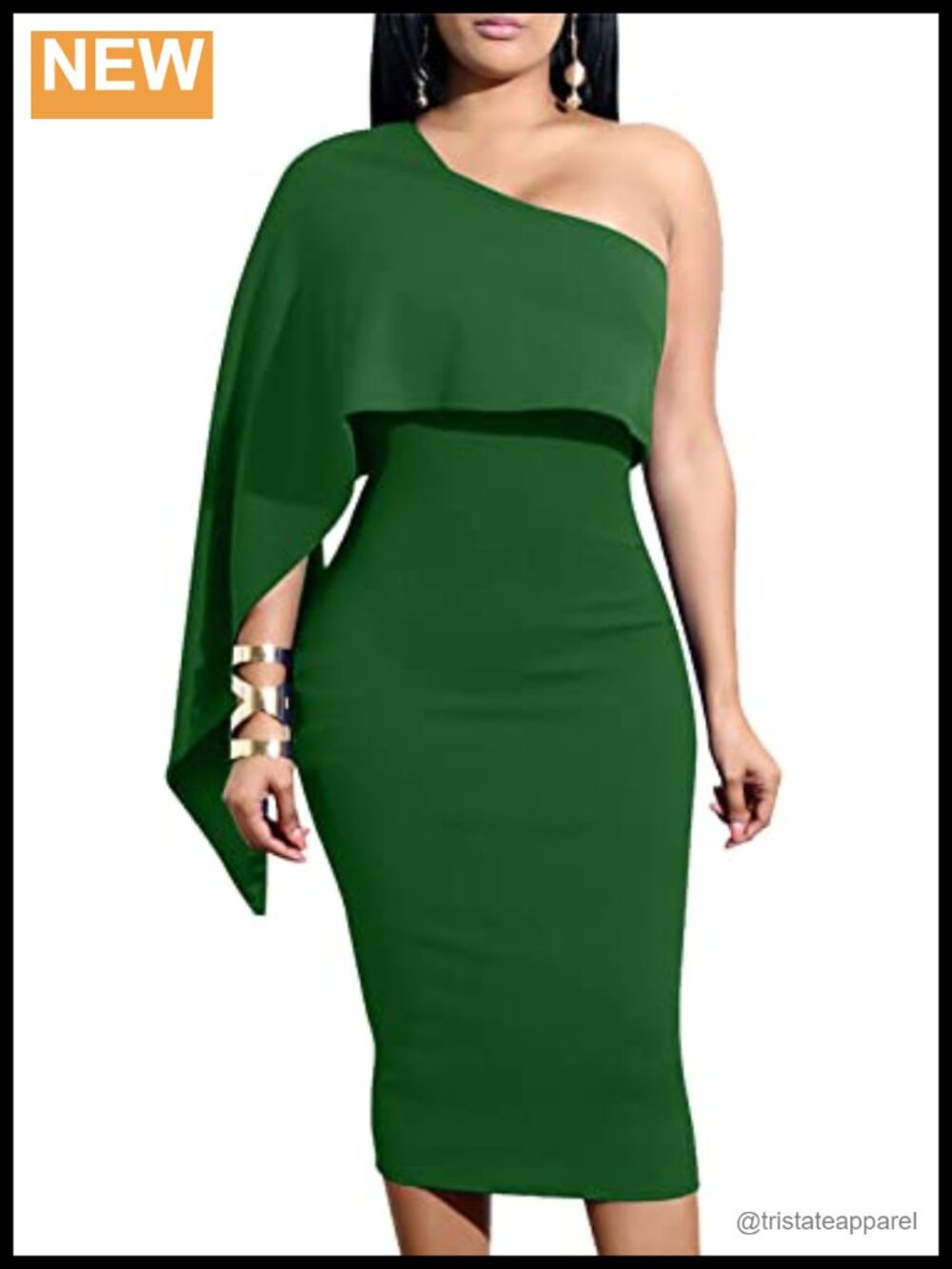 Asymmetrical One Shoulder Cape Bodycon Midi Dress Ruffle Sleeve Party